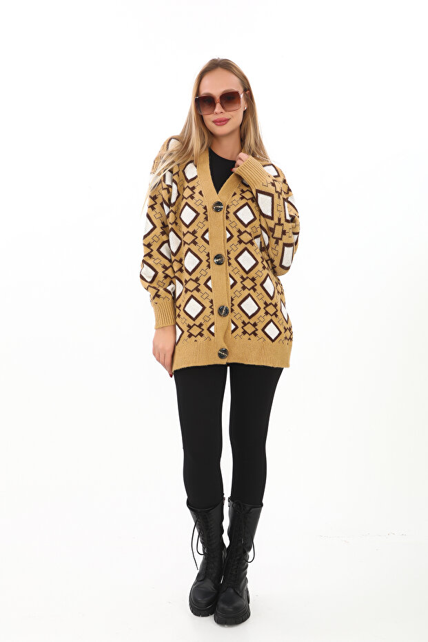 Square Pattern Knitted Detailed Button Knitted Cardigan - 5