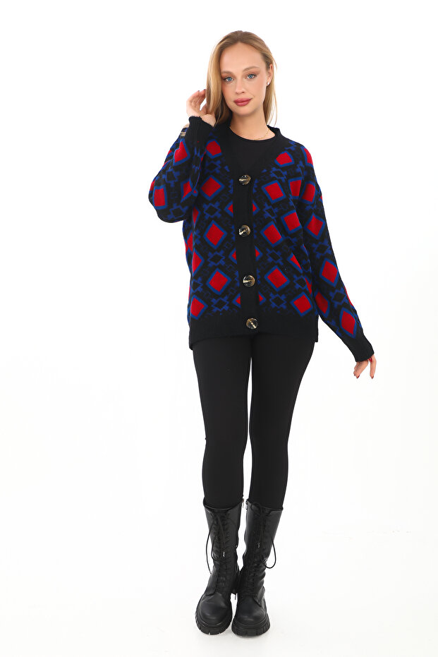 سترة صوفية محبوكة بنمط مربع وأزرار - 6