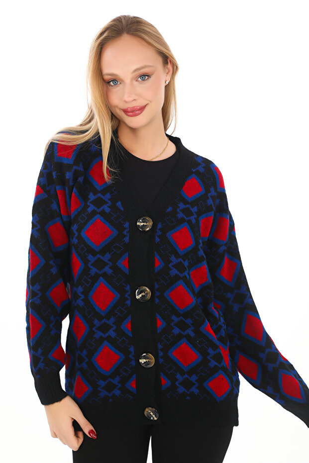 سترة صوفية محبوكة بنمط مربع وأزرار - 2