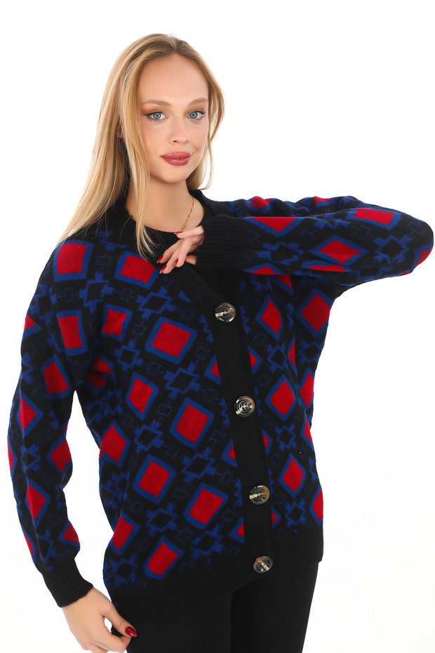 سترة صوفية محبوكة بنمط مربع وأزرار - 1