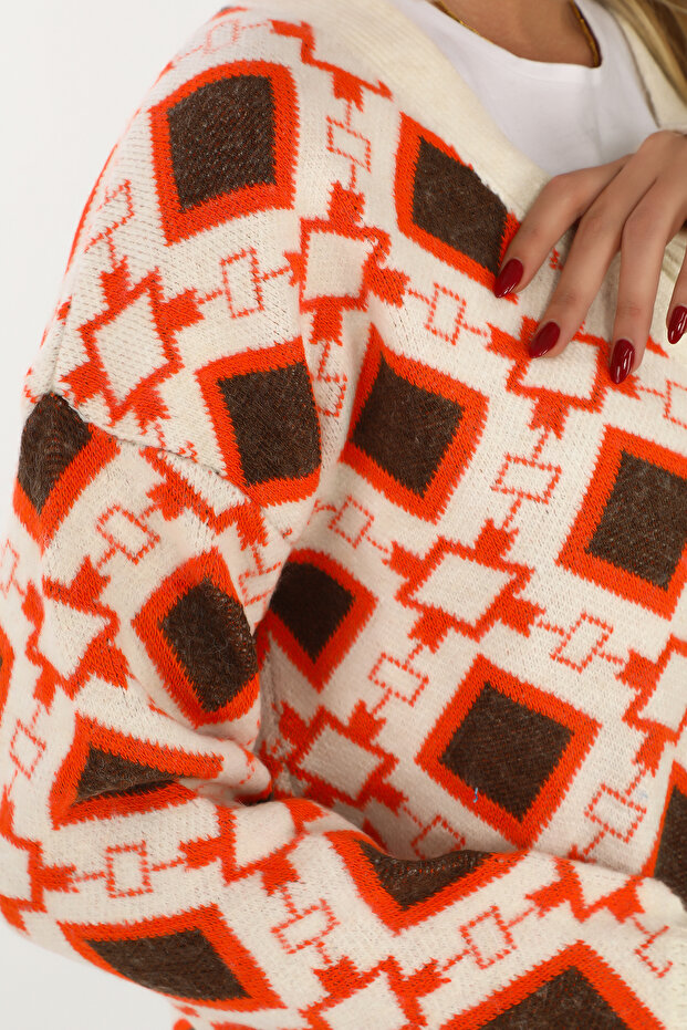 Square Pattern Knitted Detailed Button Knitted Cardigan - 6