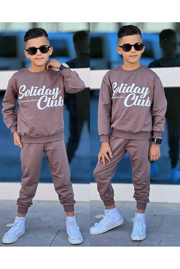 Unisex Kids Tracksuit Set - Coffee Color, Bottom Style, Sweatshirt