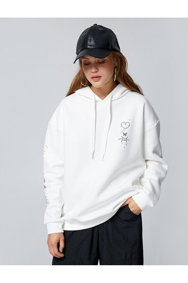 Şardonlu Oversize Sweatshirt Kapüşonlu Baskılı Uzun Kollu - 3