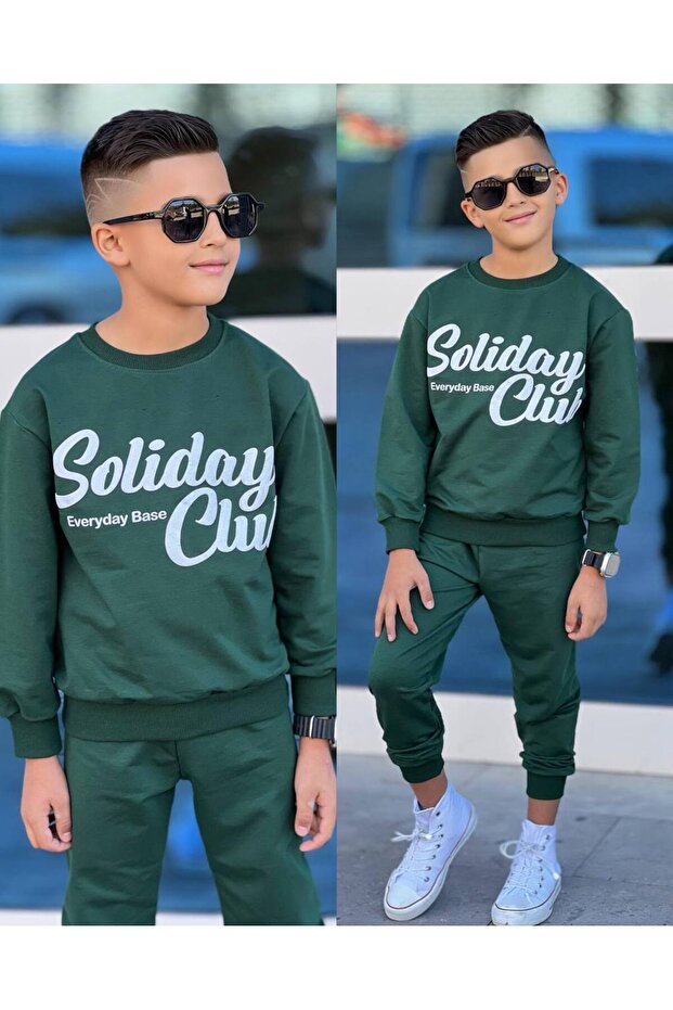 Alt-Üst Unisex Children's Green Color Style Track Suit Set Sweatshirt