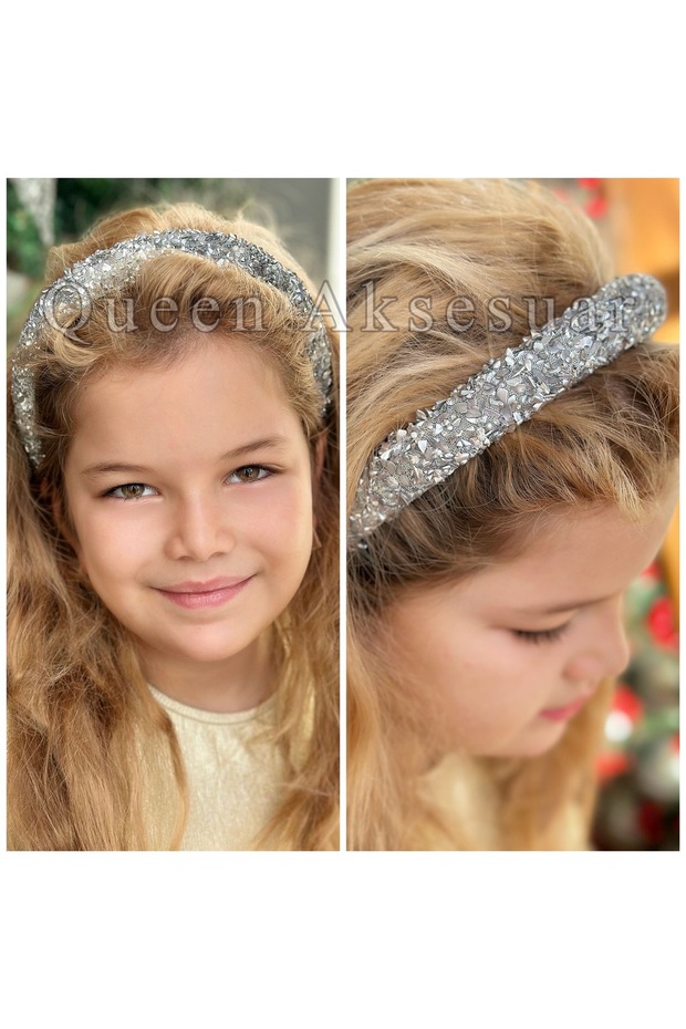 Luxury Mother of Pearl Stone Fancy Crown Female Child Special Occasion Crown with Bombed Sponge Silver Gray Color