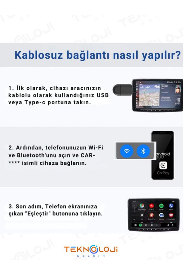 Kablosuz CarPlay ve Android Auto Apple ve Android Uyumlu 2in1 Tak Çalıştır Multimedya Adaptör - 5