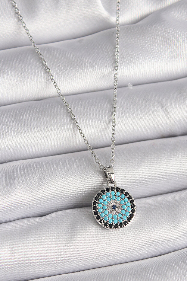 316L Steel Silver Color Chain Evil Eye Bead Medallion Model Women's Necklace - Tj-Bko9485