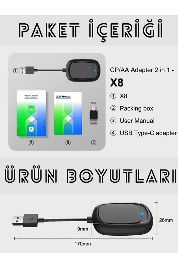 Kablosuz CarPlay ve Android Auto Apple ve Android Uyumlu 2in1 Tak Çalıştır Multimedya Adaptör - 7