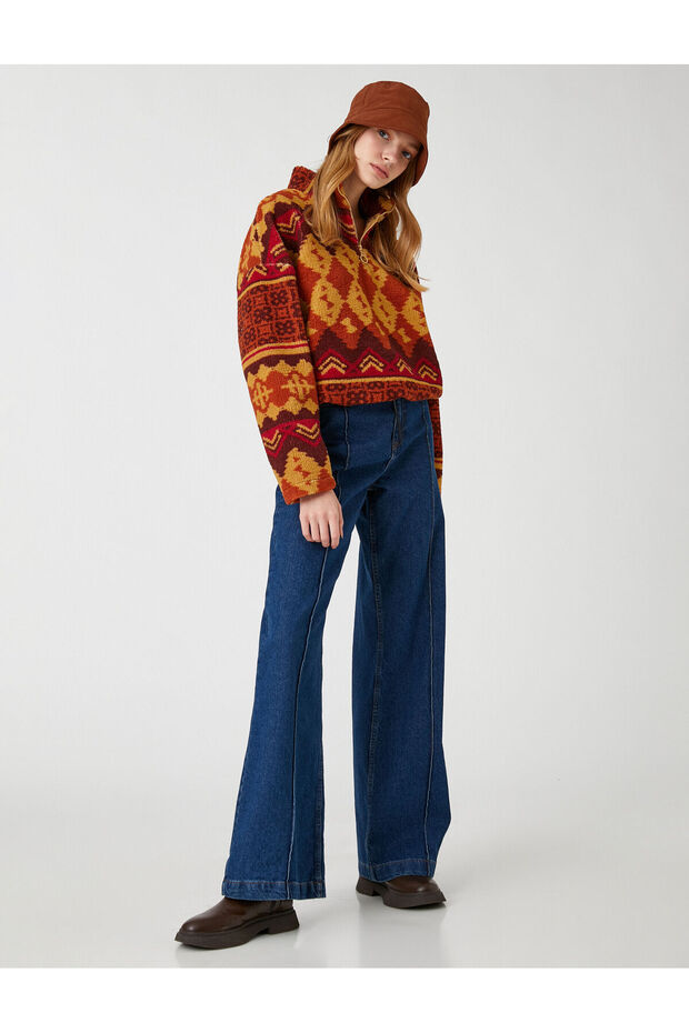 Plush Sweatshirt Ethnic Patterned Long Sleeve with Zipper Collar