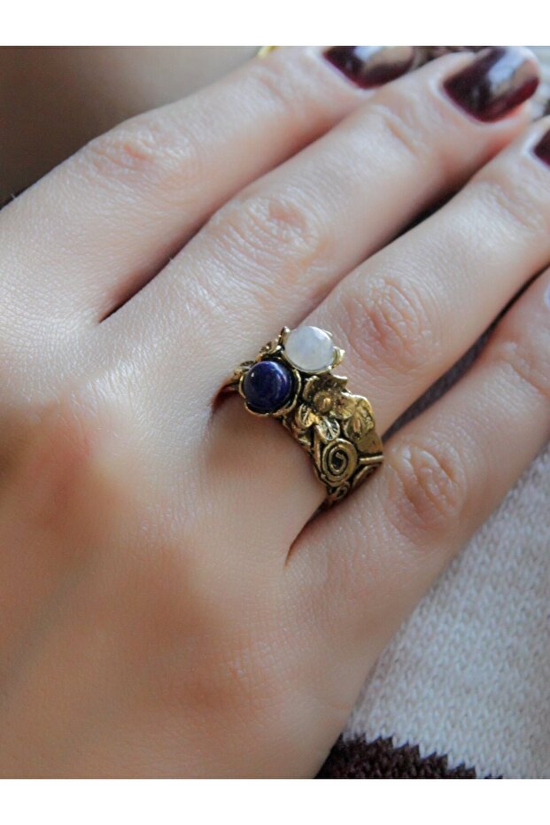 Double Natural Stone Flower Motif Antique Women's Adjustable Ring Moonstone Lapis Euy22Al
