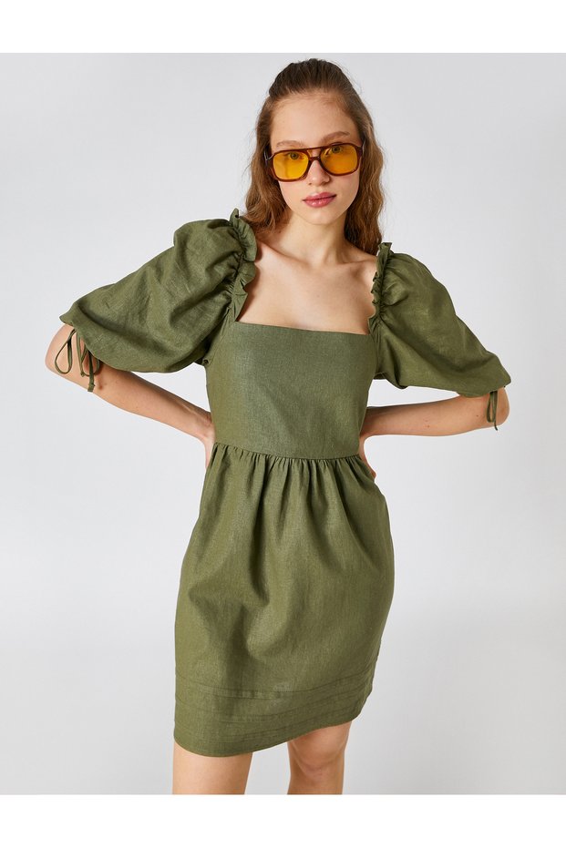 Balloon Sleeve Mini Linen Dress