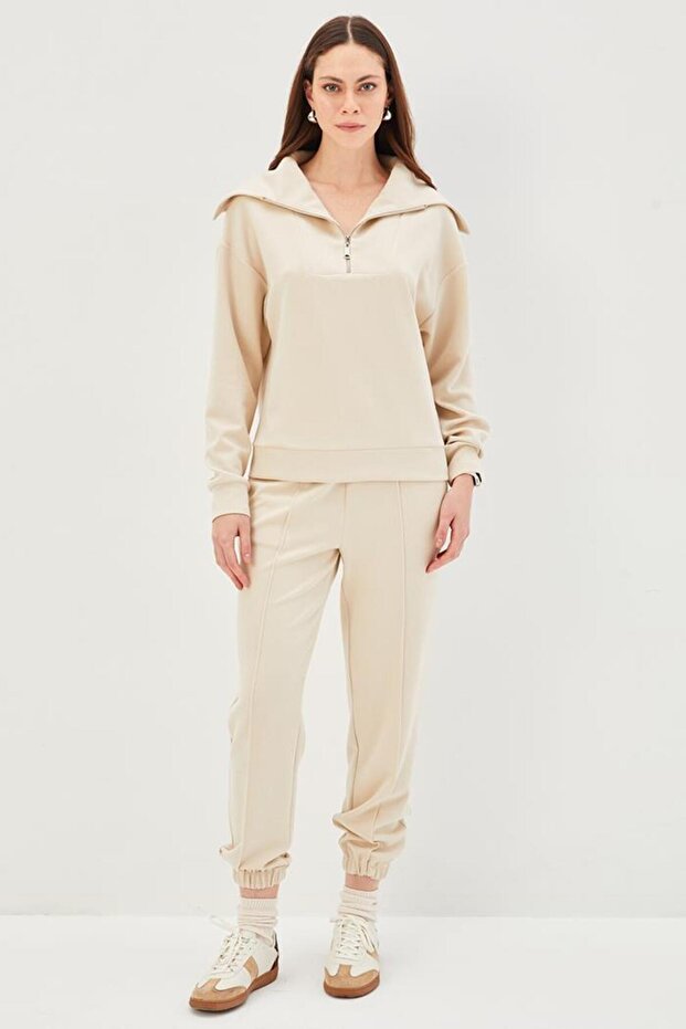 Yaka Detaylı Fermuarlı Regular Örme Sweatshirt - 5