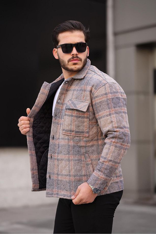 Kiremit Bej Kareli Kapitone Detaylı Regular Fit Ceket-2453 - 1