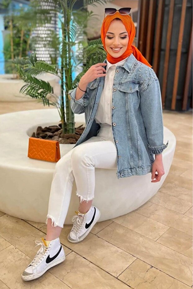 İncili Kadın Kot Ceket - 4