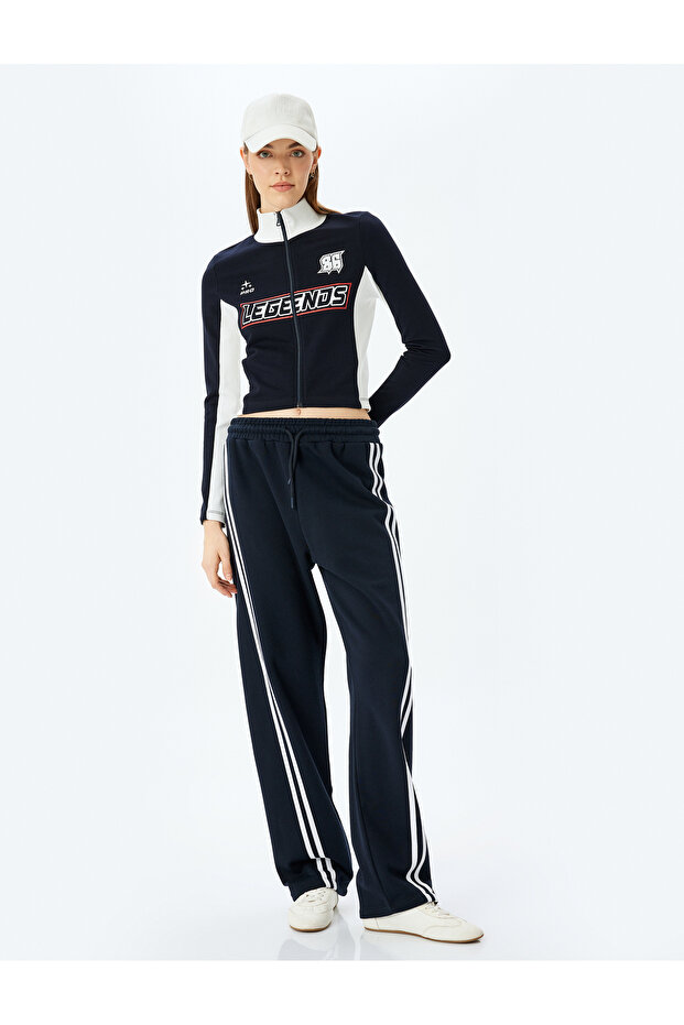 Zipper Detailed Printed Long Sleeve Stand Collar T-Shirt