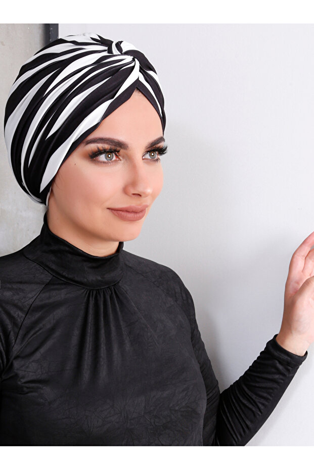 أسود أبيض مخطط منقوشة مغلفة بونيه - 2