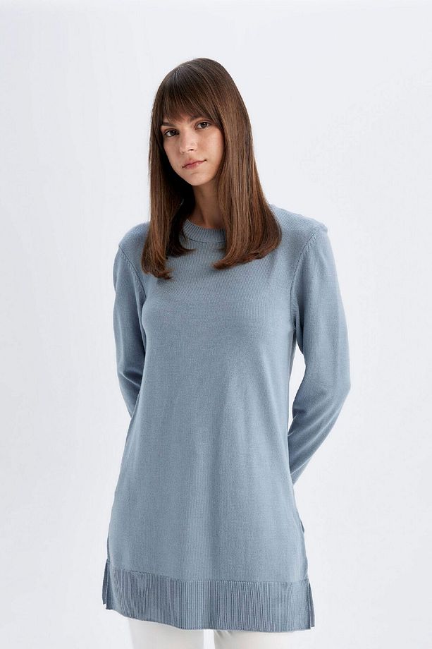 Regular Fit Bisiklet Yaka Yırtmaçlı Basic Düz Triko Kazak Tunik H3431az24au - 3