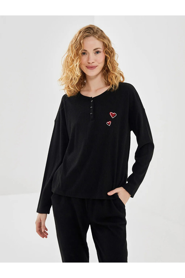 Lcw Dream Black Crew Neck Embroidered Women's Pajamas Set