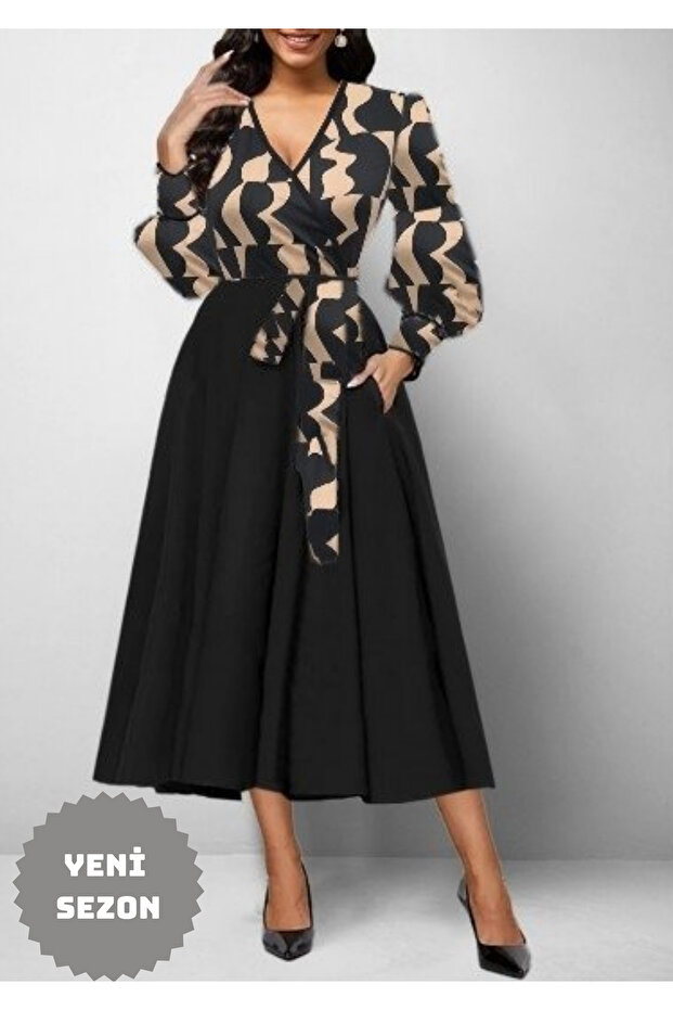 Kadın Uzun Kollu Kruvaze Yaka Dalgıç Krep Midi Boy Elbise - 2