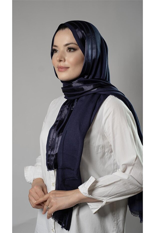 Navy Blue Striped Shawl Viscose Fabric Bursa Dolama 202109_02
