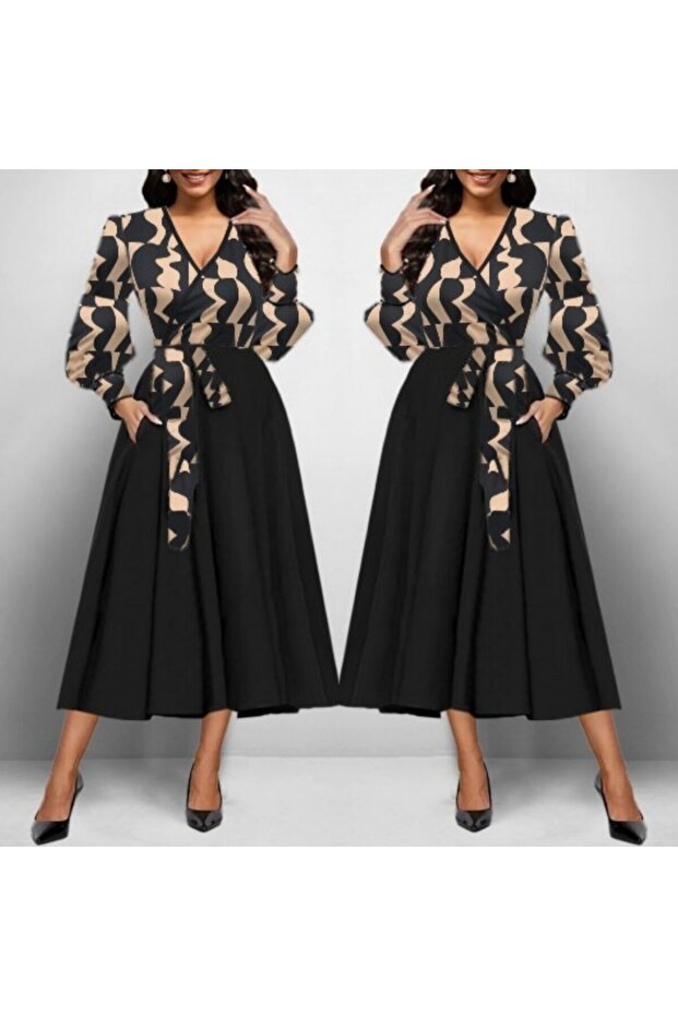 Kadın Uzun Kollu Kruvaze Yaka Dalgıç Krep Midi Boy Elbise - 3