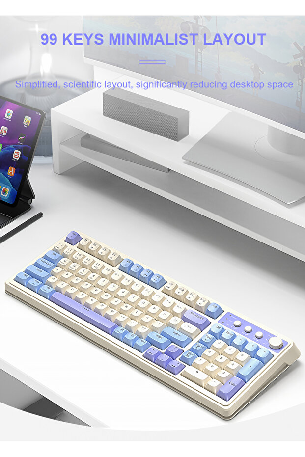 S99 Keys Tri-Mode with Media Knob Programmable Membrane Computer RGB Wireless Creamy Gaming Keyboard - 7