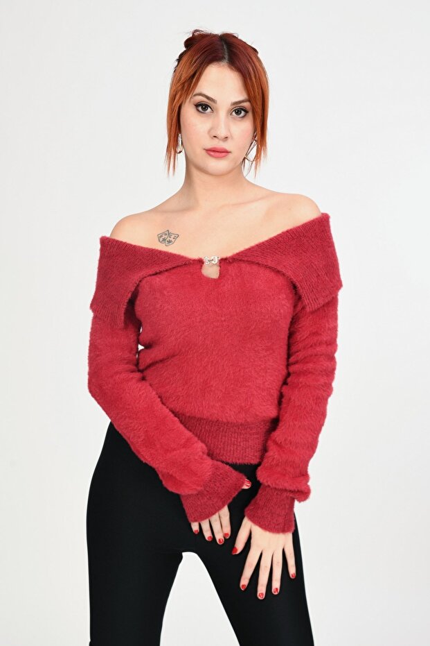 Devrik Yaka Peluş Kazak - Kırmızı - 6