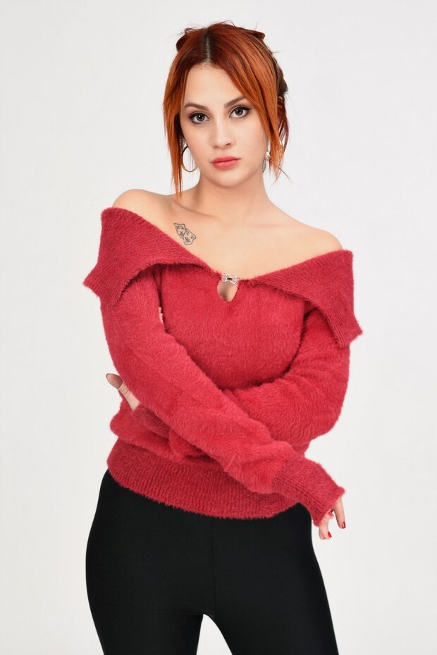 Devrik Yaka Peluş Kazak - Kırmızı - 1