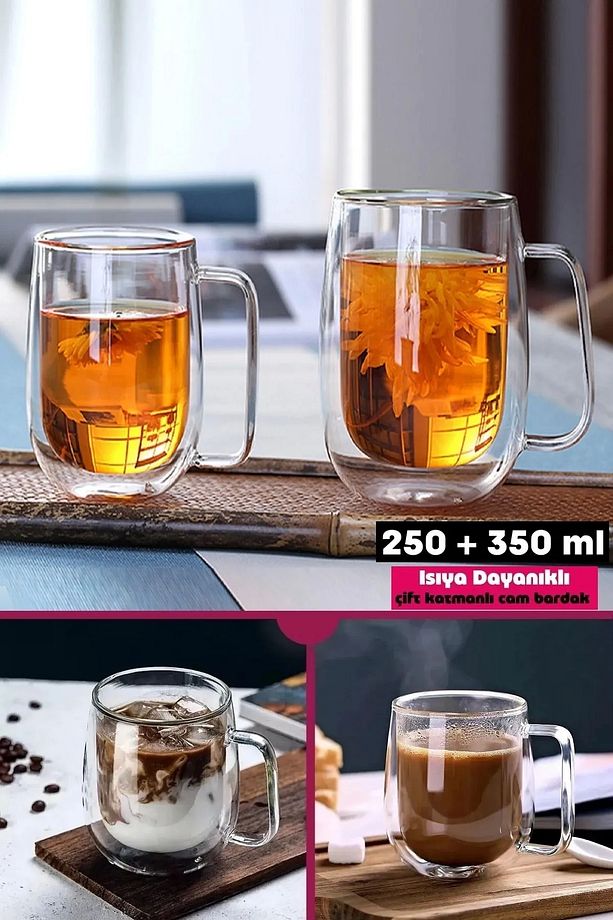 2'li Çift Cidarlı Bardak Seti Isıya Dayanıklı Espresso Sunum Bardağı Kulplu Kahve Kupası  250+350 ml - 1