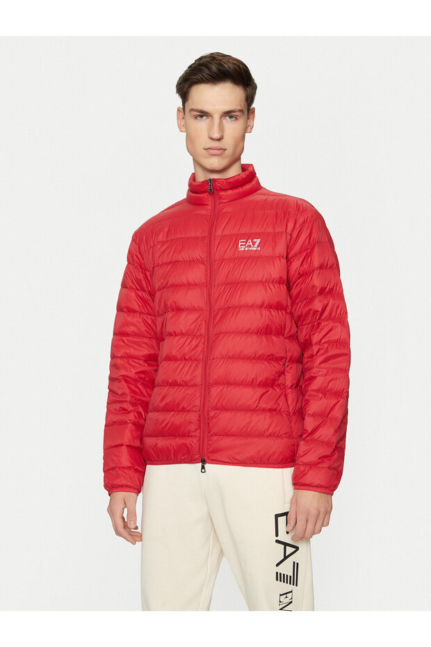 Men's Stand Collar Insulated Brand Logo Zippered Red Coat