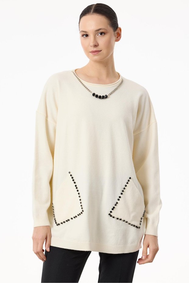 Stone Detailed Pockets Knitwear Tunic - Ekru