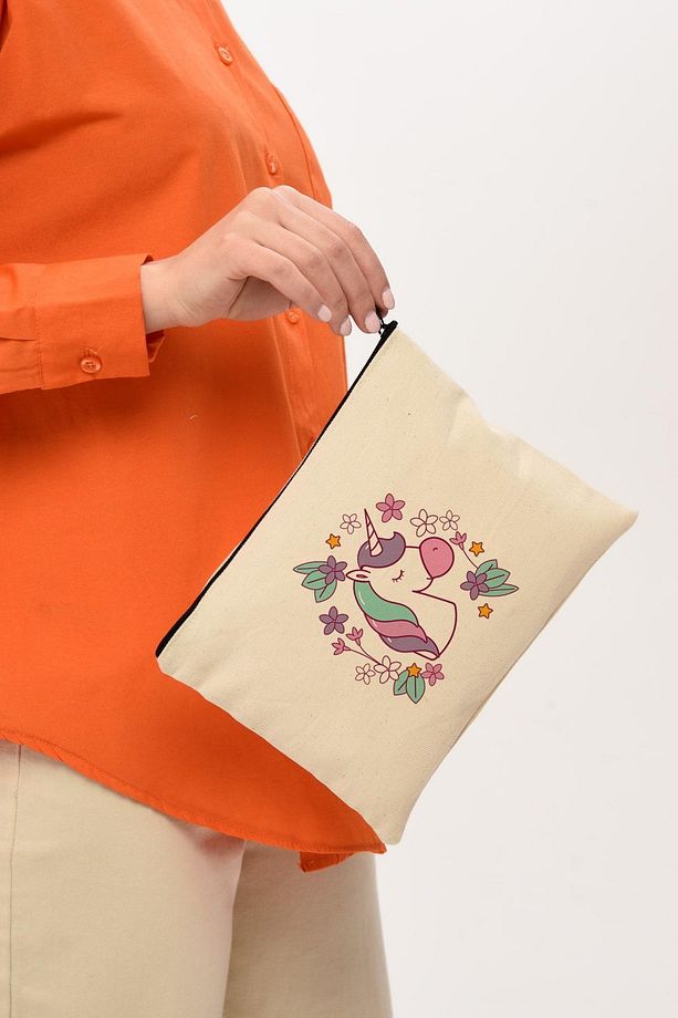 Clutch Çiçekler Ve Unicorn Kanvas Makyaj Çantası - 8