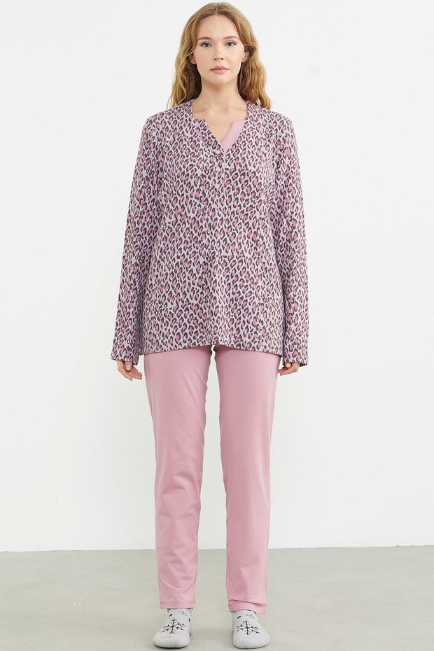 طقم بيجامة مريح بنقشة الفهد الوردي - 1