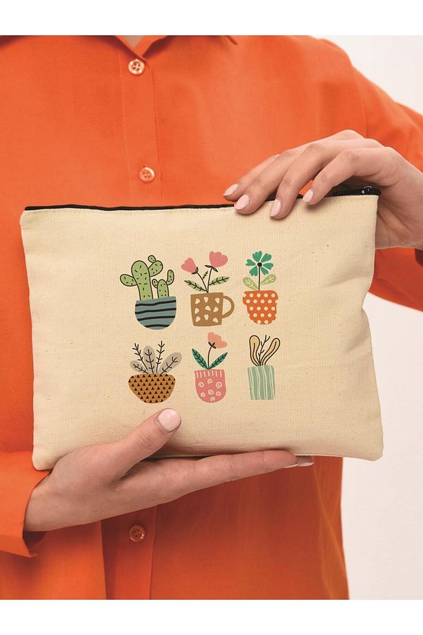 Clutch Renkli Çiçekler Kanvas Makyaj Çantası - 1