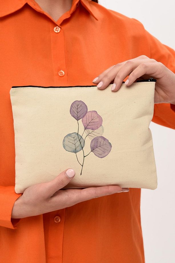 Clutch Mor Çiçekler Kanvas Makyaj Çantası - 1