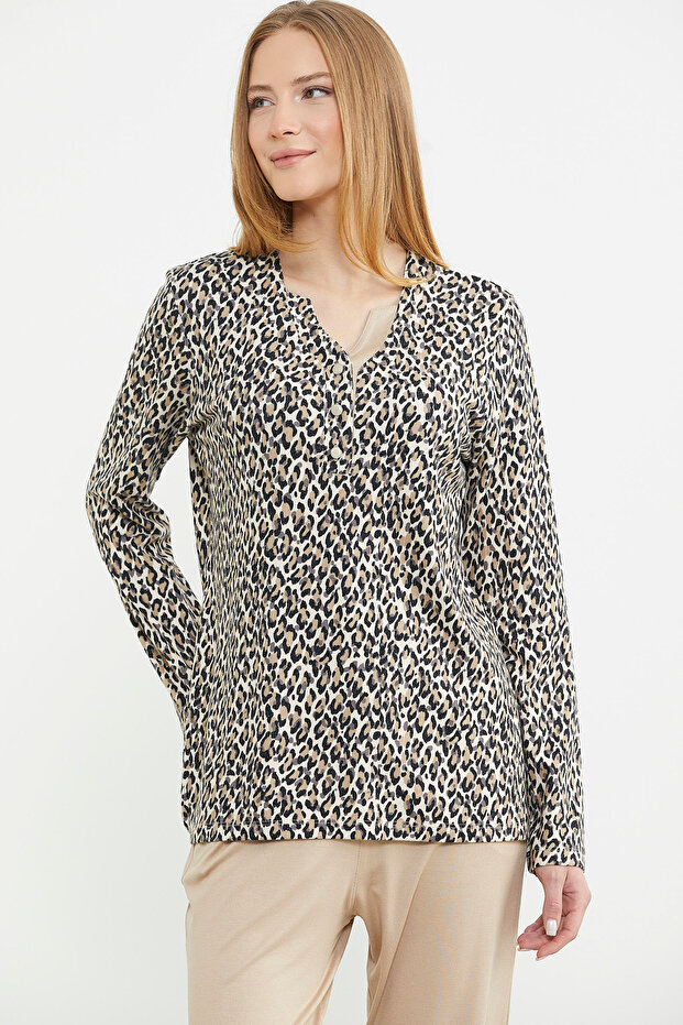 Leopard Print Beige Pajama Set - Buttoned Neck - 2