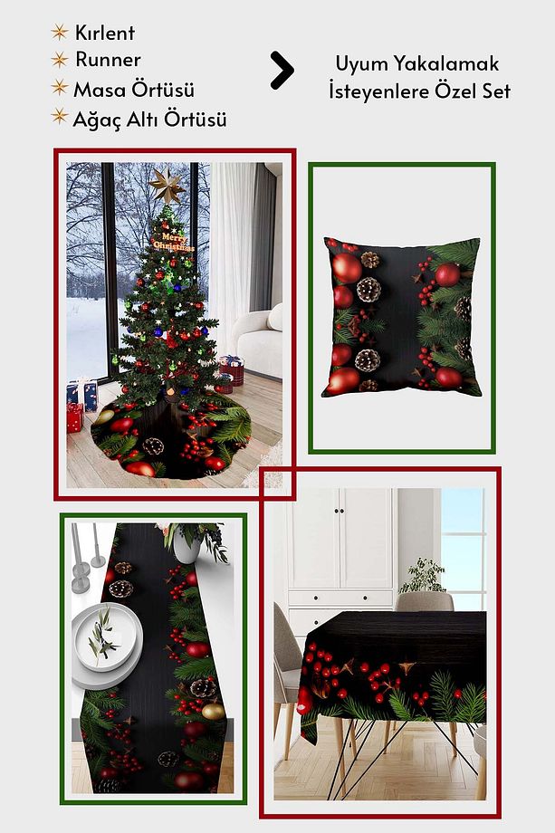 Siyah Yeniyıl Yılbaşı Noel Christmas Runner Masa Örtüsü 40x140cm RNR638 - 2