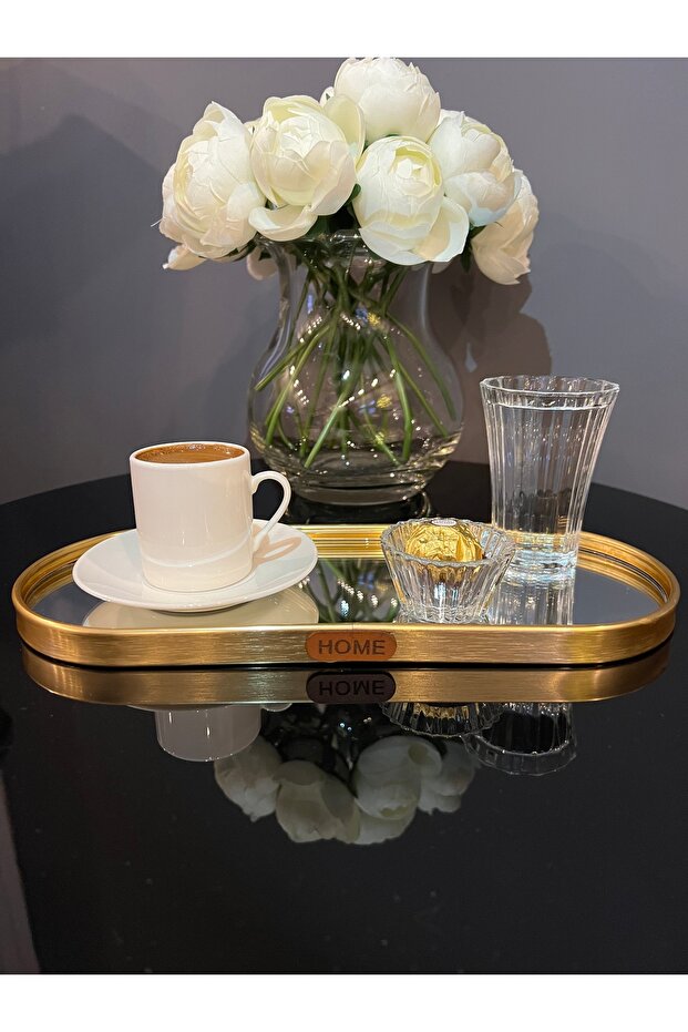 Oval Coffee Presentation Tray/Plate with Mirror - Gold Color Metal Frame - 30X12.5X1.5Cm