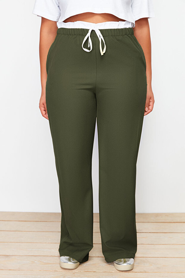 Haki Esnek Belli Wide Leg/Geniş Kesim Dokuma Kumaş Pantolon TBBSS24AR00014 - 4