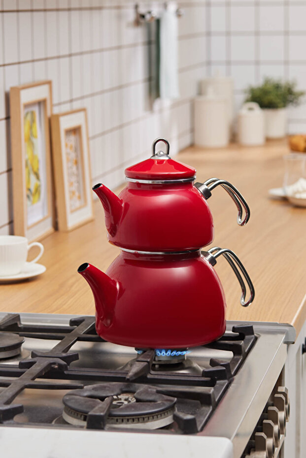 Red Loreto Enamel Midi Teapot Set - 2