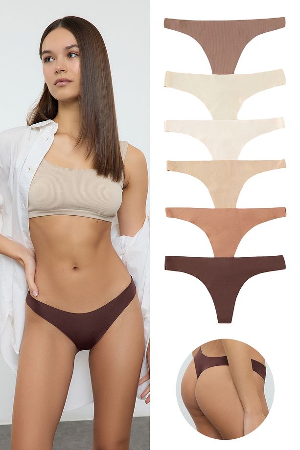 Kahverengi-Çok Renkli 6'lı Micro Dikişsiz/İz Yapmaz Lazer Kesim Tanga Örme Külot THMAW25KU00039 - 1