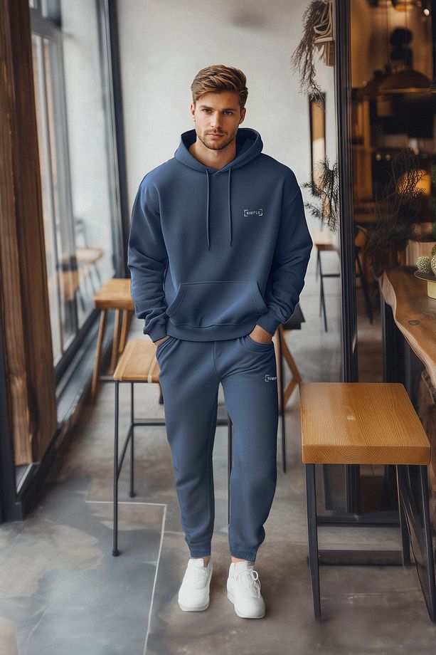 Indigo Oversize/Geniş Kesim Kapüşonlu Nakışlı İçi Polar Sweatshirt Eşofman Takım TMNAW24EM00000 - 1