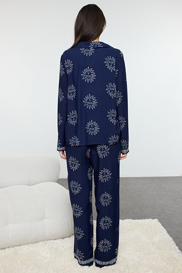 Lacivert Güneş Desenli Viskon Dokuma Pijama Takımı THMAW25PT00034 - 5