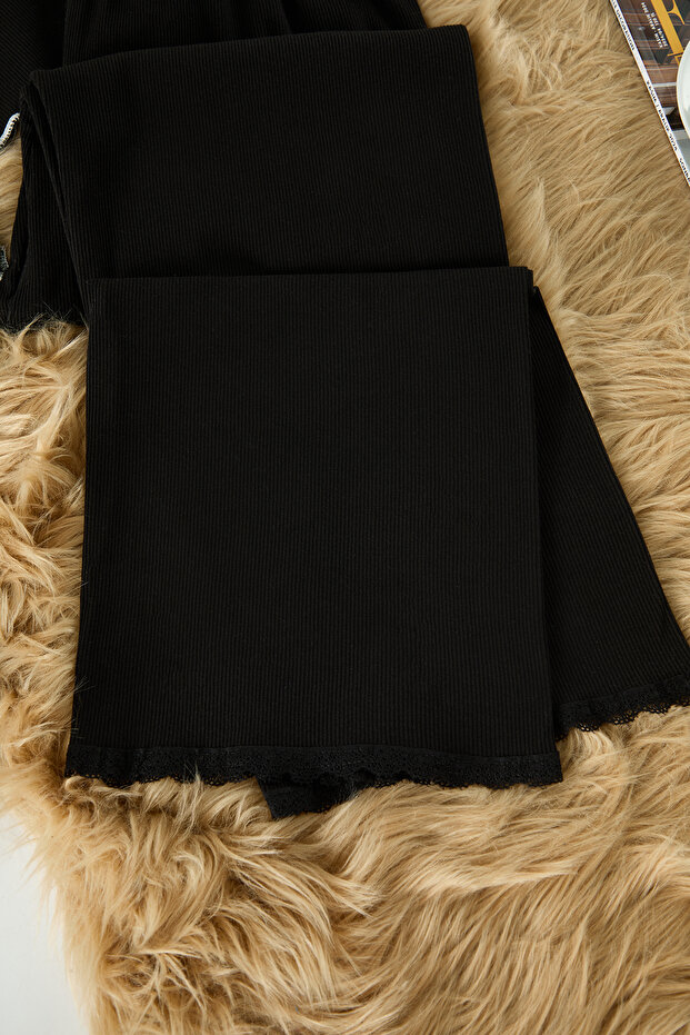 Siyah Pamuklu Dantelli ve Kurdele/Fiyonk Detaylı Fitilli Örme Pijama Takımı THMAW25PT00206 - 10