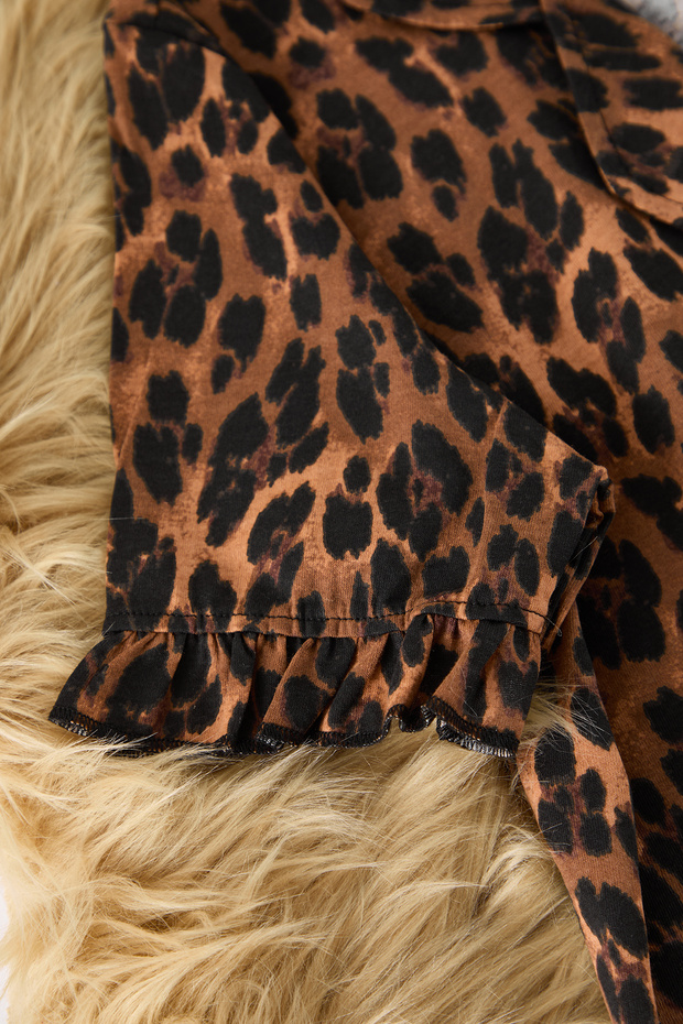 Leopar %100 Pamuklu Fırfır Detaylı Örme Pijama Takımı THMSS24PT00223 - 8