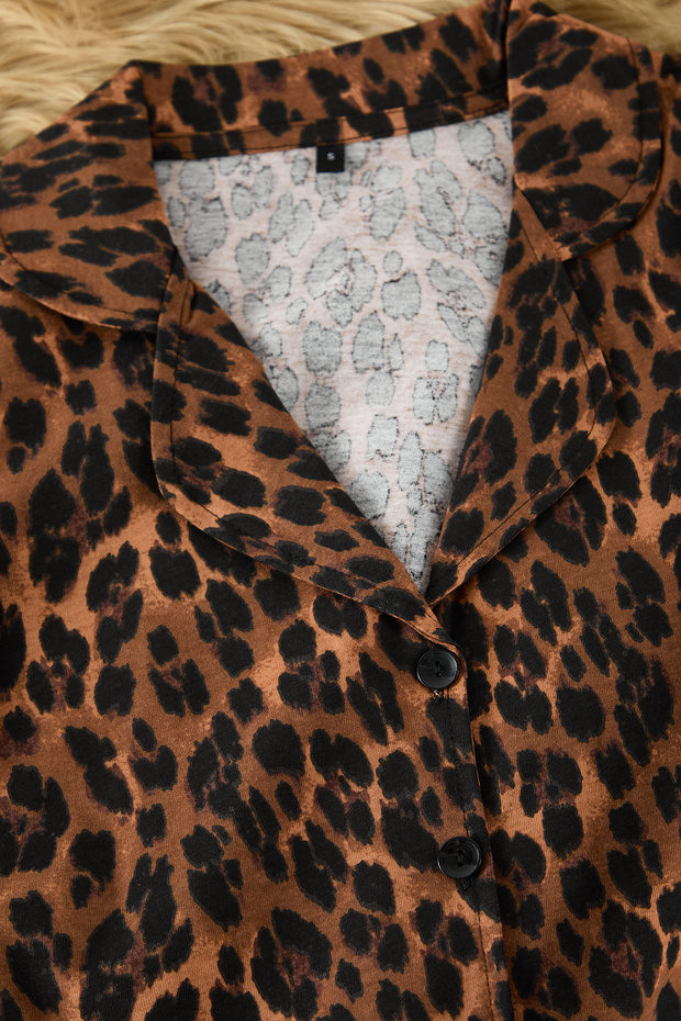 Leopar %100 Pamuklu Fırfır Detaylı Örme Pijama Takımı THMSS24PT00223 - 9