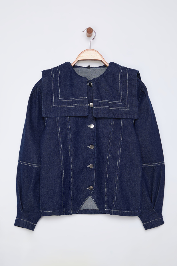 Koyu Mavi Denizci Yaka Detaylı Kontrast Dikişli Denim Gömlek Ceket TWOSS25CE00003 - 6