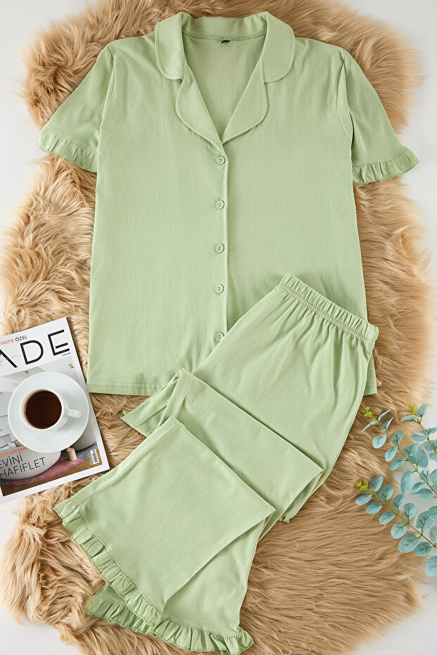 Mint Kolları Fırfırlı Gömlek Yaka Örme Pijama Takımı TBBSS25AI00001 - 6