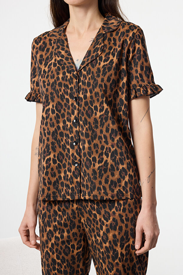 Leopar %100 Pamuklu Fırfır Detaylı Örme Pijama Takımı THMSS24PT00223 - 4