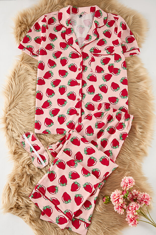 Pembe Çilek Desenli Biye Detaylı Uyku Bantlı Örme Pijama Takımı TBBSS25AI00010 - 6